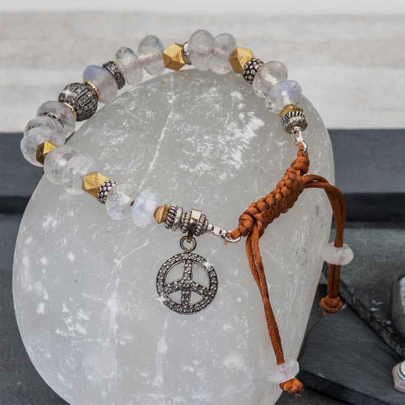 Celeste Moonstone & Pave Diamond Peace Macrame Bracelet