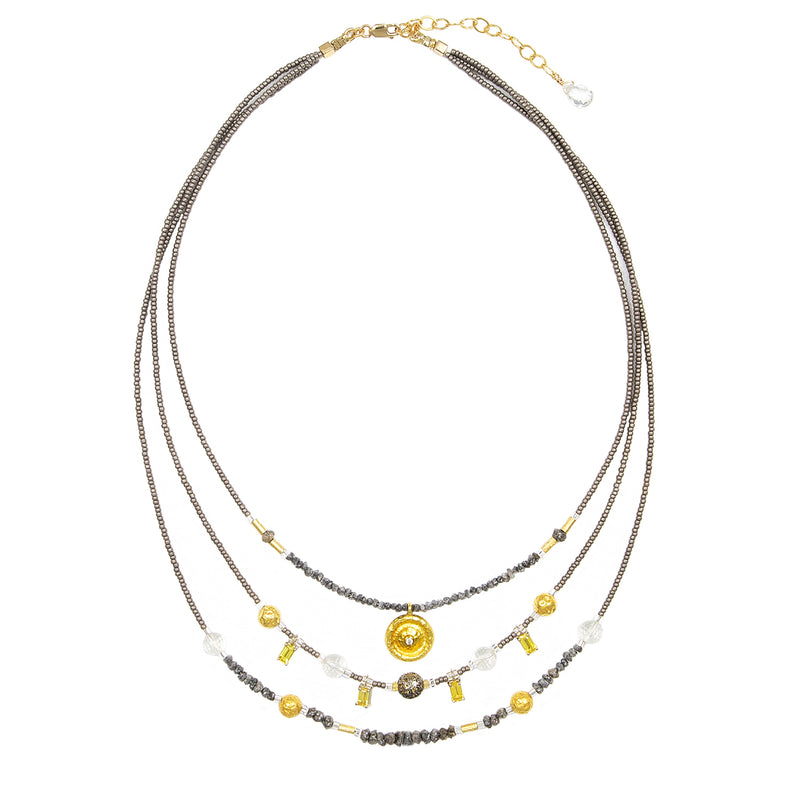 Valentina Raw Diamond & 18k Gold Disc Three Strand Necklace