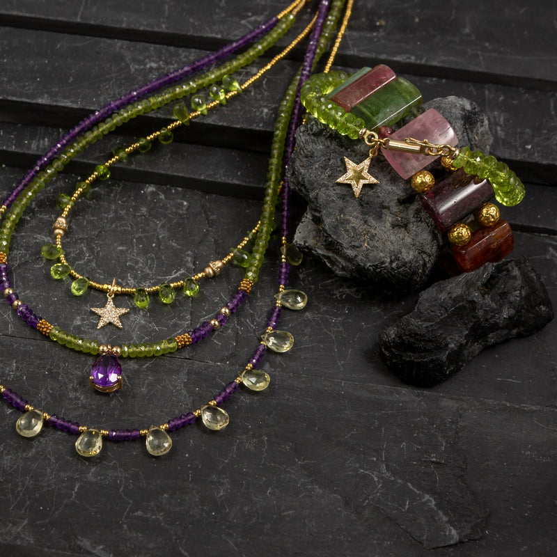 Violetta Peridot, Amethyst & 14k Gold Double Strand Necklace