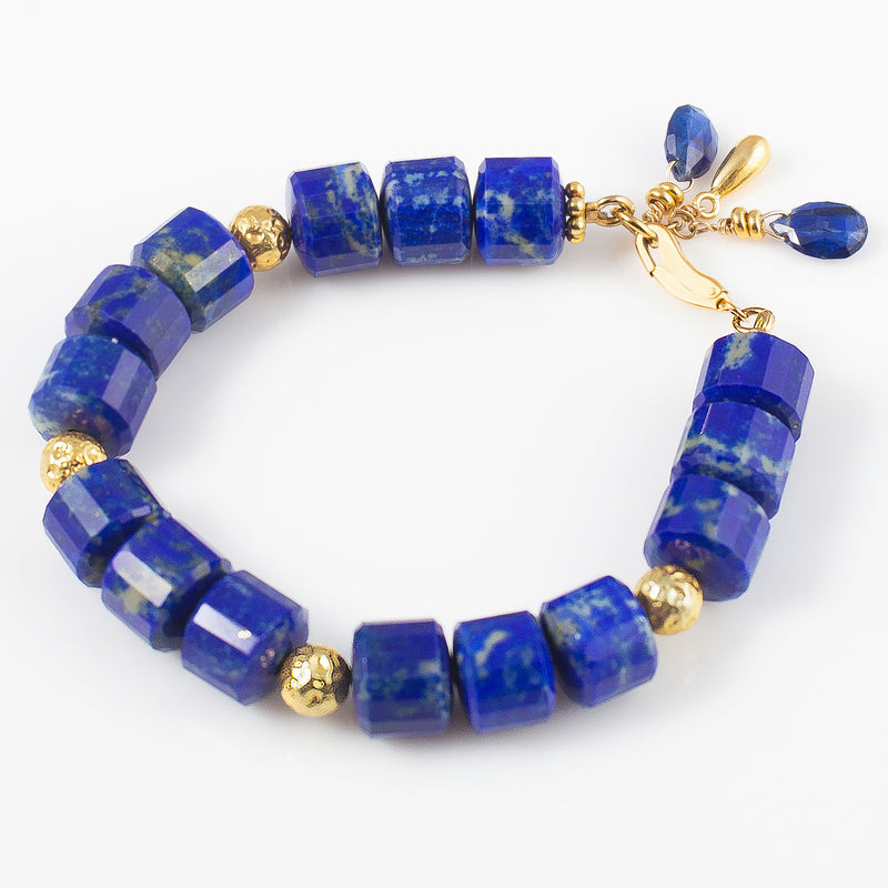 Cleopatra Lapis & Hammered Gold Beaded Bracelet