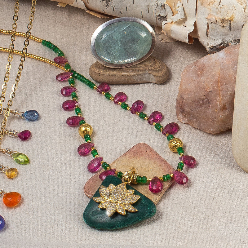 Cassandra Pink Tourmaline, Emerald & Diamond Lotus Necklace