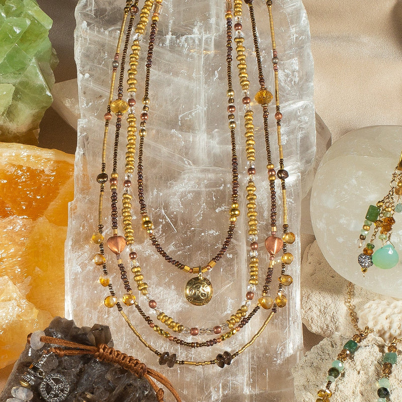 Jaya Citrine, Smoky Quartz & 14k Gold Quad Strand OM Necklace