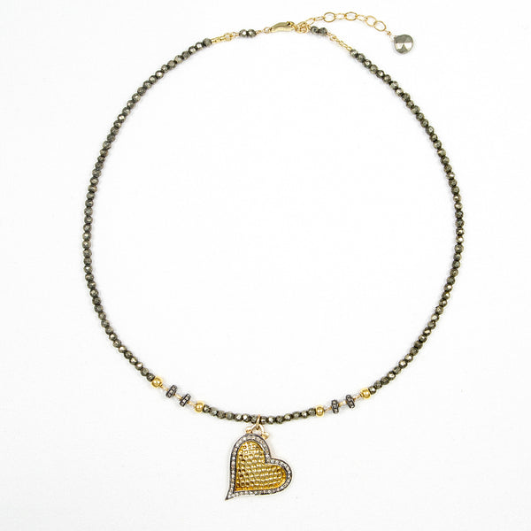 Venus Pyrite, Gold Vermeil & Pave Diamond Heart Necklace