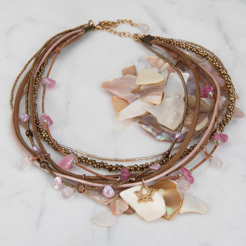 Rose Seven Strand Tourmaline, Pearl & Leather Necklace