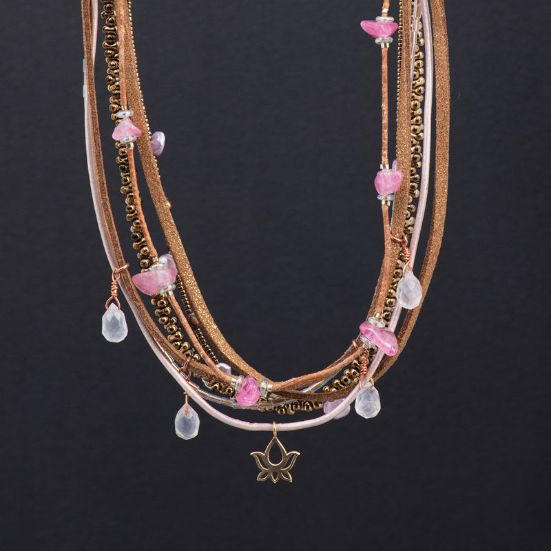 Rose Seven Strand Tourmaline, Pearl & Leather Necklace