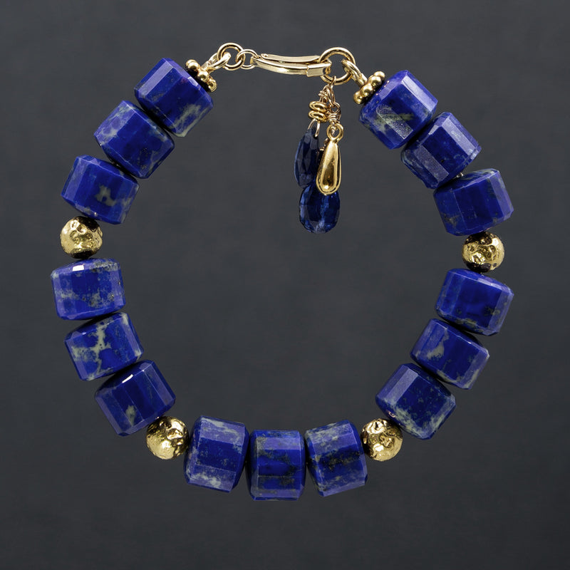 Cleopatra Lapis & Hammered Gold Beaded Bracelet