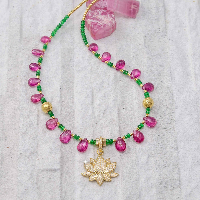 Cassandra Pink Tourmaline, Emerald & Diamond Lotus Necklace