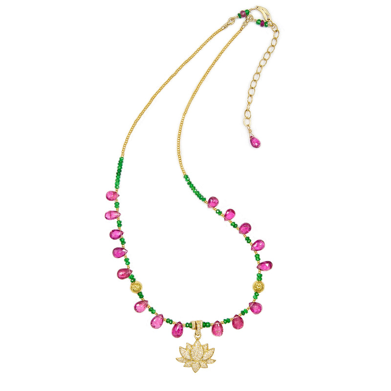 Cassandra Pink Tourmaline, Emerald & Diamond Lotus Necklace