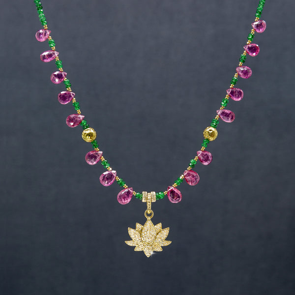 Cassandra Pink Tourmaline, Emerald & Diamond Lotus Necklace
