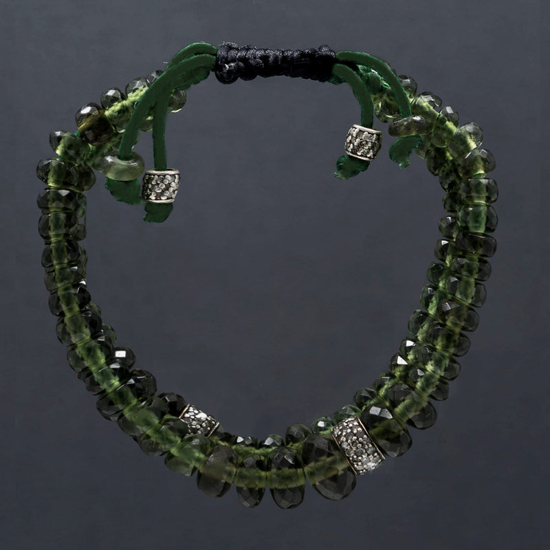 Enya Moldavite & Pave Diamond Macrame Bracelet