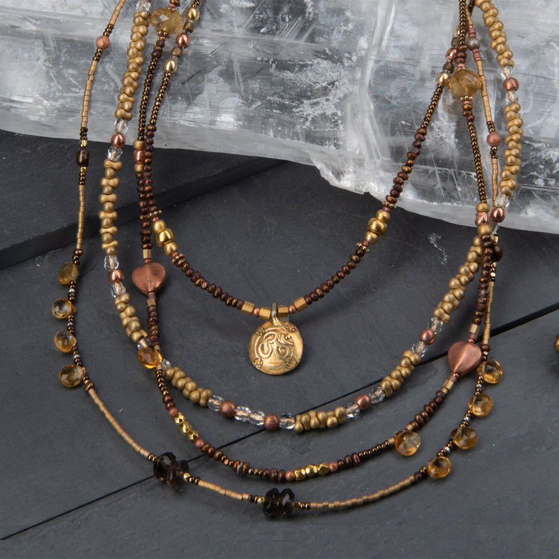 Jaya Citrine, Smoky Quartz & 14k Gold Quad Strand OM Necklace