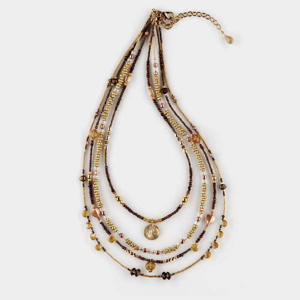 Jaya Citrine, Smoky Quartz & 14k Gold Quad Strand OM Necklace