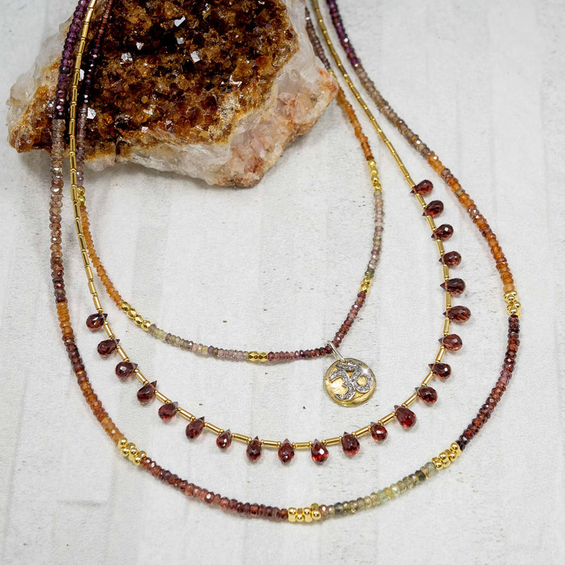 Ginger Sapphire, Garnet & Diamond Om Triple Strand Necklace