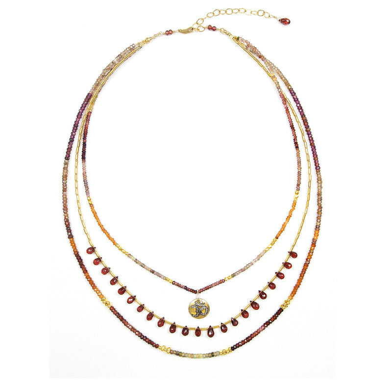 Ginger Sapphire, Garnet & Diamond Om Triple Strand Necklace