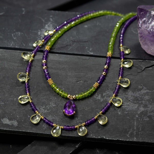 Violetta Peridot, Amethyst & 14k Gold Double Strand Necklace