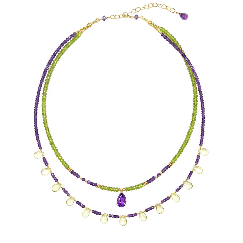 Violetta Peridot, Amethyst & 14k Gold Double Strand Necklace