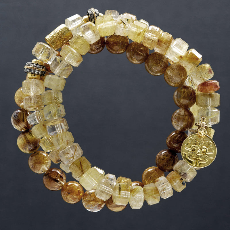 Zia Rutilated Quartz, 18k Gold & Diamond Bracelet Trio