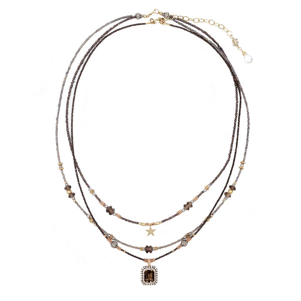 Mia Multi-Layer Smoky Quartz, 14k Gold & Pave Diamond Boho Necklace