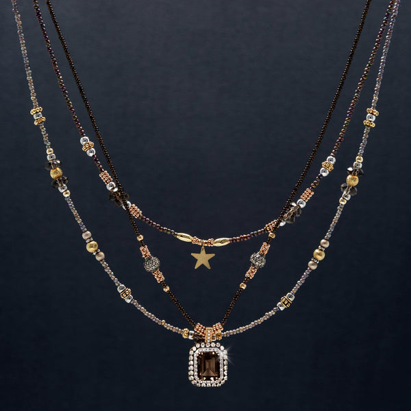 Mia Multi-Layer Smoky Quartz, 14k Gold & Pave Diamond Boho Necklace