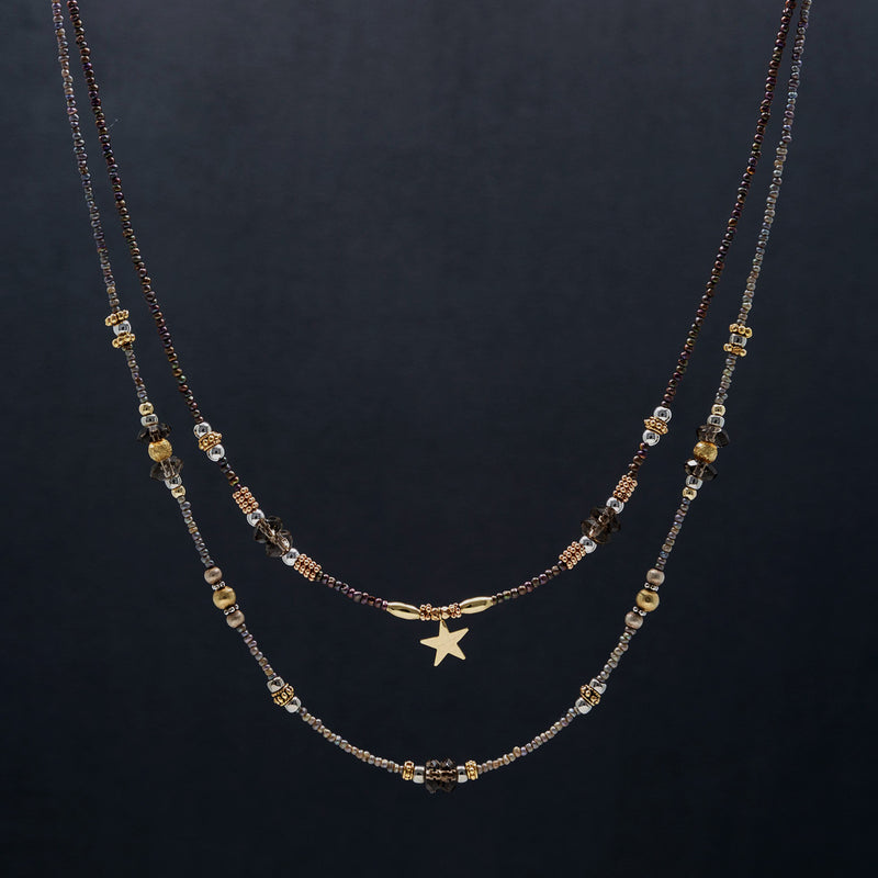 Mia Multi-Layer Smoky Quartz, 14k Gold & Pave Diamond Boho Necklace